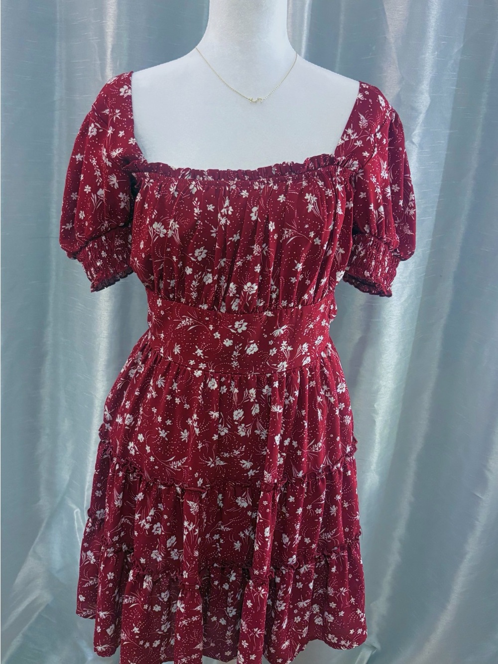 Trixxi Red Floral Square-Neck Puff-Sleeve Midi Dress